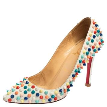 Pre Owned Christian Louboutin Cream Patent Leather Pigalle Spike Pumps Size 36