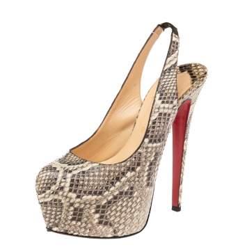 Pre Owned Christian Louboutin Beige/Brown Python Leather Dafsling Slingback Platform Pumps Size 38.5