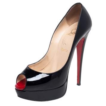 Pre Owned Christian Louboutin Black Patent Leather Lady Peep Toe Pumps Size 38