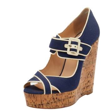 Pre Owned Christian Louboutin Blue Canvas Coated Cork Melides Wedge Peep Toe Pumps Size 38