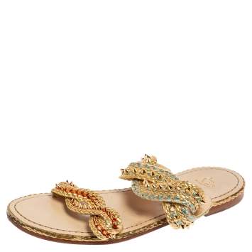 Pre Owned Christian Louboutin Multicolor Woven Leather Spiked Flat Sandals Size 41