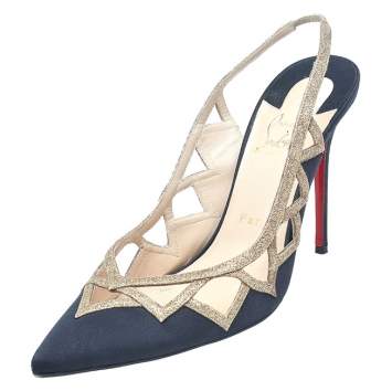 Pre Owned Christian Louboutin Black/Gold Satin And Glitter Patterned Slingback Sandals Size 39