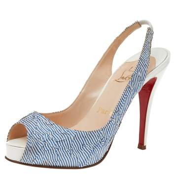 Christian Louboutin White/Blue Striped Fabric Prive Peep Toe Slingback Sandals Size 38