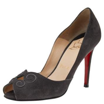 Pre Owned Christian Louboutin Dark Grey Suede Peep Toe Pumps Size 38