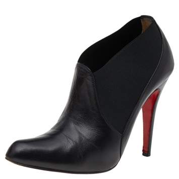 Pre Owned Christian Louboutin Black Leather Art Lastic Ankle Booties Size 38.5