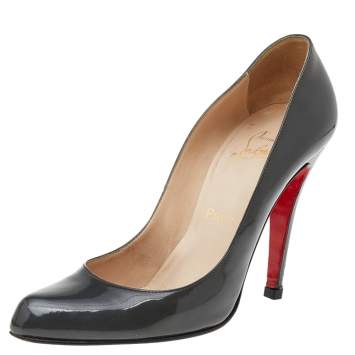 Pre Owned Christian Louboutin Dark Grey Patent Leather Pumps Size 38.5