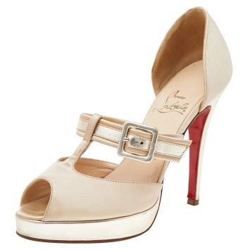 Pre Owned Christian Louboutin Beige-Gold Satin And Leather Peep Toe Platform Pumps Size 37.5
