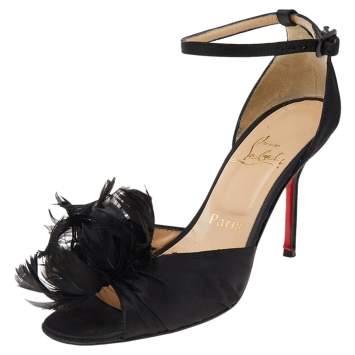 Pre Owned Christian Louboutin Black Satin Feather Rosazissimo Ankle Strap Sandals Size 38