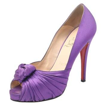 Pre Owned Christian Louboutin Purple Satin Knotted Greissimo Platform Peep Toe Pumps Size 38