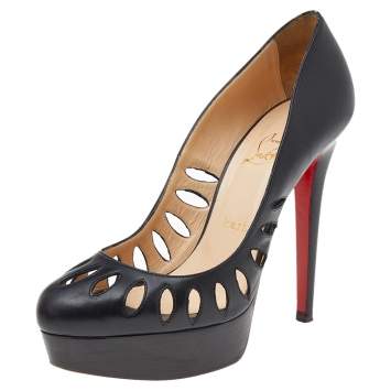 Pre Owned Christian Louboutin Black Leather Cutout Platform Pumps Size 38