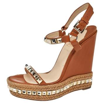 Pre Owned Christian Louboutin Brown Studded Leather Cataclou Wedge Platform Espadrille Sandals Size 40