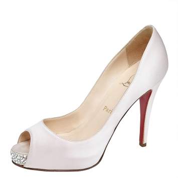 Pre Owned Christian Louboutin Pink Satin Crystal Embellished Peep Toe Platform Pumps Size 38