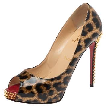 Pre Owned Christian Louboutin Beige/Black Leopard Prints Patent Leather New Very Prive Spike Heel Platform Pumps Size 38.5