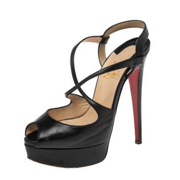 Pre Owned Christian Louboutin Black Leather Peep Toe Ankle Strap Pumps Size 35.5