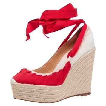Pre Owned Christian Louboutin Cream/Red Canvas Ibiza Espadrille Wedge Sandals Size 38