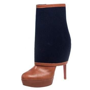 Pre Owned Christian Louboutin Brown Leather Armony Ankle Boots with Removable Blue Denim Cuffs Size 39