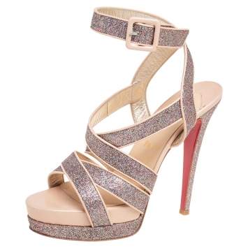 Pre Owned Christian Louboutin Beige Glitter Straratata Strappy Platform Sandals Size 37