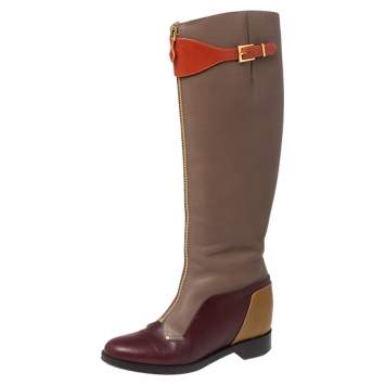 Pre Owned Christian Louboutin Multicolor Leather Front Zip Knee Length Riding Boots Size 36
