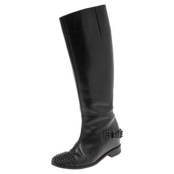 Pre Owned Christian Louboutin Black Leather Egoutina Spiked Cap Toe Knee Length Boots Size 36
