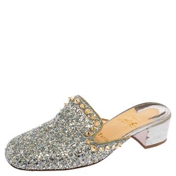 Pre Owned Christian Louboutin Silver Glitter Spiky  Mules Size 39