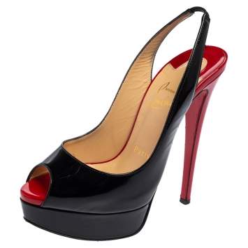 Pre Owned Christian Louboutin Black Patent Leather Lady Peep Toe Platform Sandals Size 36