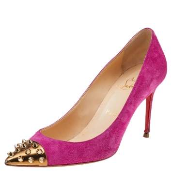 Pre Owned Christian Louboutin Pink Suede Geo Spike Studded Cap Toe Pumps Size 37