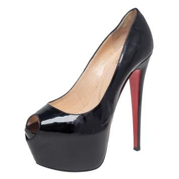 Pre Owned Christian Louboutin Black Patent  Daffodile Peep Toe Platform Pumps Size 38