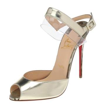 Pre Owned Christian Louboutin Metallic Gold Leather And PVC Ankle Strap Sandals Size 40