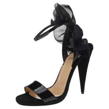 Pre Owned Christian Louboutin Black Patent Leather Jacqueline Ankle Strap Sandals Size 36