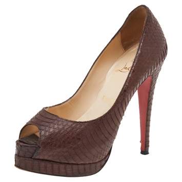 Pre Owned Christian Louboutin Brown Python Embossed Leather Peep Toe Pumps Size 36.5