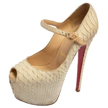 Pre Owned Christian Louboutin Off-White Python Leather  Peep Toe Ankle Strap Platform Pumps Size 36.5