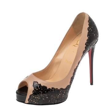 Pre Owned Christian Louboutin Two Tone Laser Cut Lace Patent And Leather Veramucha Peep Toe Pumps Size 37