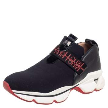 Pre Owned Christian Louboutin Black Neoprene And Leather Lipsy Run Slip On Sneakers Size 38.5
