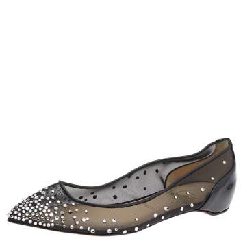 Pre Owned Christian Louboutin Black Mesh And Patent Leather Follies Strass Pointed Toe Ballet Flats Size 37.5