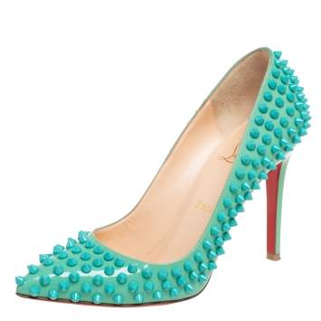 Pre Owned Christian Louboutin Mint Green Patent Leather Pigalle Follies Spikes Pumps Size 37