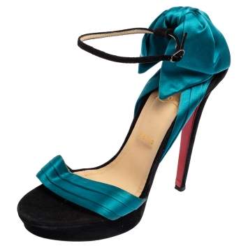 Pre Owned Christian Louboutin Turquoise Blue Satin And Suede Bow Vampanodo Sandals Size 41