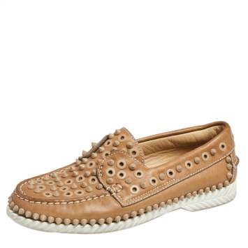 Pre Owned Christian Louboutin Beige Leather Spike Yacht Loafers Size 37