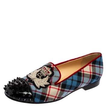 Pre Owned Christian Louboutin Multicolor Fabric and Patent Leather Spiked Intern Loafers Size 37.5