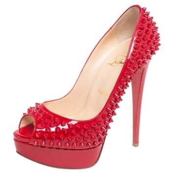 Pre Owned Christian Louboutin Red Patent Leather Lady Peep-Toe Spike Platform Pumps Size 37.5 
