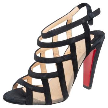 Pre Owned Christian Louboutin Black Suede and Mesh Strappy Sandals Size 36.5