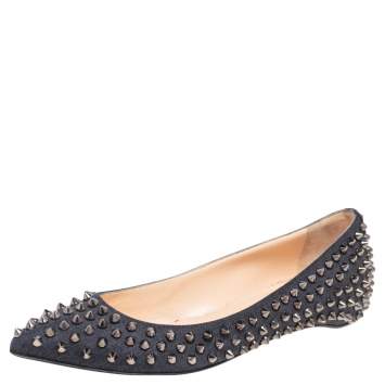 Pre Owned Christian Louboutin Black Canvas Pigalle Spike Ballet Flats Size 37.5