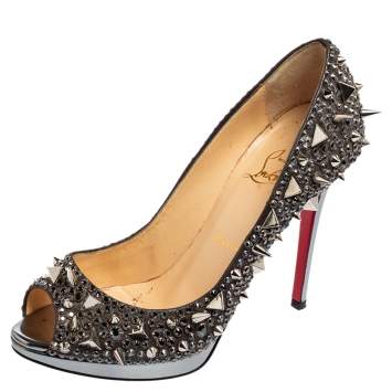 Pre Owned Christian Louboutin Metallic Silver Spike Embellished Lady Peep Toe Platform Pumps Size 37.5
