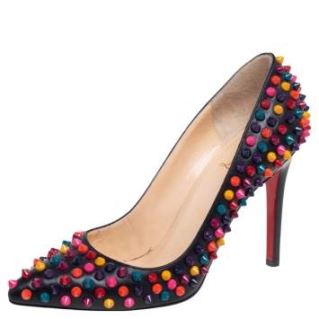 Pre Owned Christian Louboutin Black Leather Pigalle Follies Spikes Pumps Size 37