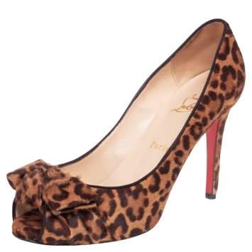 Pre Owned Christian Louboutin Brown Animal Print Calf Hair Knotted Peep Toe Pumps Size 39