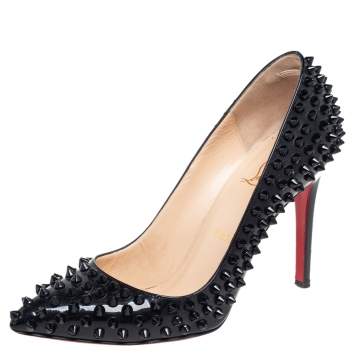 Pre Owned Christian Louboutin Black Patent Pigalle Spikes Pumps Size 37.5