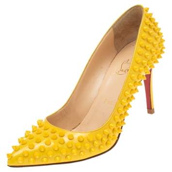 Pre Owned Christian Louboutin Yellow Patent Leather Pigalle Spikes Pumps Size 37.5