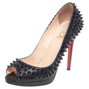 Pre Owned Christian Louboutin Black Leather Yolanda Spikes Peep Toe Pumps Size 37.5