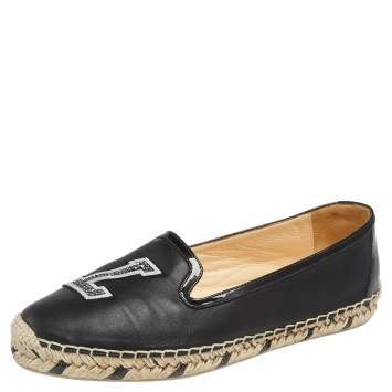 Pre Owned Christian Louboutin Black Leather and Patent Leather Embellished Espadrilles Flats Size 38
