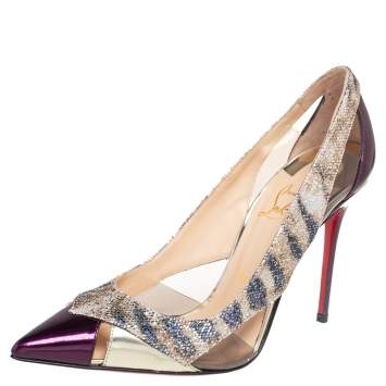 Pre Owned Christian Louboutin Multicolor PVC, Glitter, And Leather Galata Pointed Toe Cut-Out Pumps Size 37.5