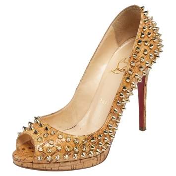 Pre Owned Christian Louboutin Beige Cork Spike Peep Toe Platform Pumps Size 37.5